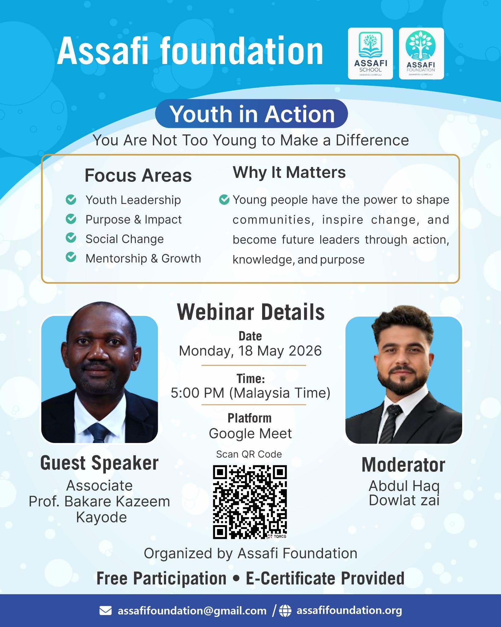 Official poster of the Assafi Foundation Youth in Action webinar